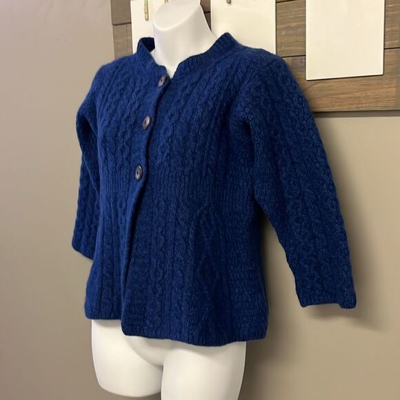 Carraigdonn Made in Ireland Blue Fit Flare Cable Knit Merino Wool Cardigan-Small - Picture 2 of 13